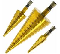 Coffret de forets pour perceuse Set de 3 Foret Fraise Meche Etage, HSS Inox Metal, 4-12/20/32mm, Triangle Conique Titane, avec Tige