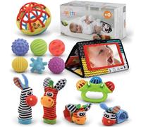 Coffret de jouets d’éveil Montessori pour bébé de 0 à 6 mois avec hochets | Un cadeau de naissance : balles sensorielles et livre en tissu avec miroir pour découvrir, toucher et jouer sur le ventre.