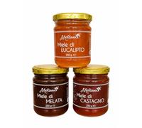 Coffret de miels artisanaux italiens 3x250 g - Dégustation de miel d’eucalyptus, de châtaignier et de miellat - Coffret cadeau gourmet - Naturel 100% italien