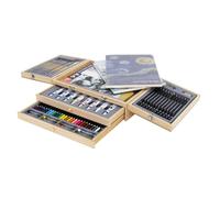 Coffret de peinture en bois 85 pièces avec pinceaux, crayons, peinture acrylique et blocs d'esquisses