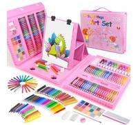 Coffret de peinture pour enfants de 208 pièces avec chevalet double face, pastels à l'huile, crayons de couleur, aquarelles, rose