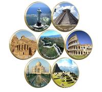 Coffret de pièces commémoratives des Sept Merveilles du Monde, pièces de collection dorées représentant le Christ Rédempteur, le Colisée, le Taj Mahal, la Grande Muraille, Pétra, le Machu Picchu et Ch