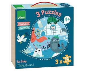 Coffret de Puzzles en Bois Animaux du Monde - 3x16 Pièces
