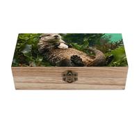 Coffret de rangement vintage en bois avec couvercle à charnière, motif loutre dans un lit d'algues, organisateur de bijoux rustique pour la décoration intérieure, coffre décoratif en bois pour bague