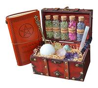 Coffret de Sorcellerie Vintage - Kit Ésotérique avec Cristaux Énergétiques, Flacons d’Herbes, Baguette, Bâton de Sélénite, Sphère et Livre des Ombres