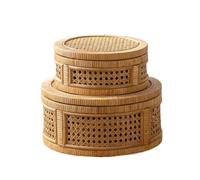 Coffret décoratif en rotin, boîtes de présentation avec couvercle, lot 2 paniers rangement rectangulaires osier, bacs tressé Pour Étagères Chambre, Salle De Bain(Round-Brown)