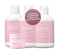 Coffret Deluxe Swedish Collagen Supplément collagène marin hydrolysé 12 500 mg 3 x 500 ml 60 jours d'approvisionnement et crème nuit anti-âge 50 ml acide hyaluronique et rétinol pour cheveux peau et