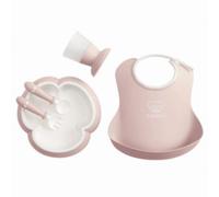 Coffret Dîner : Bavoir, Assiette, Couverts Et Verre Bébé Rose Pastel Babybjorn