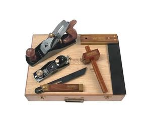 Coffret d'outils de menuisier Faithfull 5 pièces en coffret bois à charnières - Rabot de finition n°4, rabot de paume, équerre, biseau coulissant et trusquin pour le travail du bois