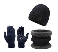 Coffret Echarpe Bonnet Homme Polaire, Doublé Polaire Épais Bonnet Chaud Tricotés Ensemble d'hiver 3 en 1 Echarpe Gants D'écran Tactile Casquettes De Crâne Souples pour Porté Au Quotidien