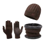 Coffret Echarpe Bonnet Homme Polaire, Doublé Polaire Épais Bonnet Chaud Tricotés Ensemble d'hiver 3 en 1 Echarpe Gants D'écran Tactile Casquettes De Crâne Souples pour Porté Au Quotidien