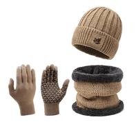 Coffret Echarpe Bonnet Homme Polaire, Doublé Polaire Épais Bonnet Chaud Tricotés Ensemble d'hiver 3 en 1 Echarpe Gants D'écran Tactile Casquettes De Crâne Souples pour Porté Au Quotidien
