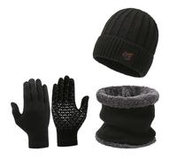 Coffret Echarpe Bonnet Homme Polaire, Doublé Polaire Épais Bonnet Chaud Tricotés Ensemble d'hiver 3 en 1 Echarpe Gants D'écran Tactile Casquettes De Crâne Souples pour Porté Au Quotidien