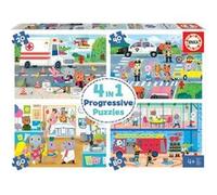 Coffret De 4 Puzzles Progressifs Enfant Les Animaux Et Les Métiers 20 - 40 - 60 - 80 Pieces Les Pompiers L Ambulance Hopiral A L Ecole