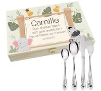 Coffret en Bois avec 4 Couverts personnalisés pour Enfant - prénom gravé en France - Acier Inoxydable - Cadeau Noël bébé, Baptême, Cadeau de Naissance Fille ou garçon