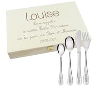 Coffret en Bois avec 4 Couverts personnalisés pour Enfant - prénom gravé en France - Acier Inoxydable - Cadeau Noël bébé, Baptême, Cadeau de Naissance Fille ou garçon - Modèle Texte