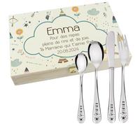 Coffret en Bois avec 4 Couverts personnalisés pour Enfant - prénom gravé en France - Acier Inoxydable - Cadeau Noël bébé, Baptême, Cadeau de Naissance Fille ou garçon - Modele Tipi