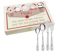 Coffret en Bois avec 4 Couverts personnalisés pour Enfant - prénom gravé en France - Acier Inoxydable - Cadeau pour Le 1er Noël Fille ou garçon - Premier Noël de bébé modèle courrier
