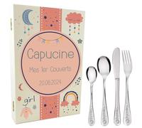 Coffret en Bois avec 4 Couverts personnalisés pour Enfant - prénom gravé en France - Acier Inoxydable - Cadeau Noël bébé, Baptême, Cadeau de Naissance Fille Modèle Pink Cloud