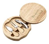 Coffret en bois avec set fromage et vin personnalisé gravé - Coffret avec couverts à fromage et couteau sommelier - Gravure texte sur coffret rond en bois