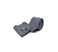Coffret Ensemble Cravate Homme, Mouchoir de Poche, Boutons de Manchette à carreaux Bleu - 100% en Soie - Elégant et Moderne - (Idéal pour un cadeau, un mariage, avec un costume…)