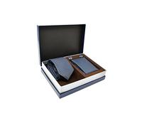 Coffret Ensemble Cravate Homme, Mouchoir de Poche, Boutons de Manchette à rayures Bleu - 100% en Soie - Classique, Elégant et Moderne - (Idéal pour un cadeau, un mariage, avec un costume, au travail…)