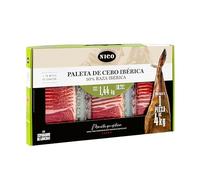 COFFRET ÉPAULE IBÉRIQUE DE CEBO 50% race ibérique en tranches. 18 paquets/sachets de 80 gr. Jambon saveur gourmet. Spécialité de notre maître jambonnier.