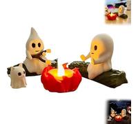 Coffret Fantômes pour Feu de Camp | Deux Fantômes Blancs Grillant des Guimauves | Figurines Chien et Chat | Décoration de Table Citrouille d'Halloween