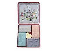 Coffret fleuri "chats à Paris" de 4 savons de Marseille parfumés125g enrichis en beurre de karité bio. Fabriqués à Marseille. Idéal pour offrir