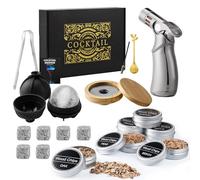 Coffret Fumoir à Cocktail avec Chalumeau (sans gaz), 6 copeaux de bois, 6 pierres à whisky en granit, 2 moules à glace silicone, pince - Cadeau homme, papa, Noël, anniversaire, fête des pères