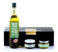 Coffret garni autour de l'Olive de Provence - 1 Huile et 2 Tapenades Origine France garantie dans une élégante boîte noire