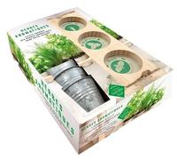 Coffret Herbes Aromatiques - Contient : 1 Suspension En Bois Et 2 Cordelettes Pour L'accrocher Au Mur, 3 Pots En Fer, 3 Sachets De Graines À Planter Et 1 Livre