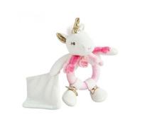 Coffret hochet doudou licorne féerique blanche rose or 17 cm - avec boite cadeau - set jouet bebe + carte animal