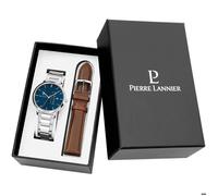 Coffret Homme DATA Argenté Cadran Bleu Bracelet Cuir Brun 20 MM