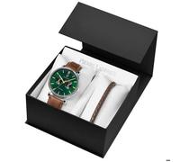 Coffret Homme ESSENTIAL Argenté Cadran Vert Bracelet Cuir perforé Brun 20 MM