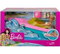 Coffret Hors Bord pour Barbie - Bateau et poupée Mannequin + Chien avec 3 Accessoires - Set Vacances avec Carte Animal