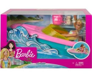 Coffret Hors Bord pour Barbie - Bateau et poupée Mannequin + Chien avec 3 Accessoires - Set Vacances et 1 Carte Animal