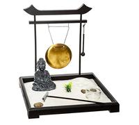 Coffret Jardin ZEN Bouddha sur un plateau en bois avec gong, 1 photophore , fleur et plante , sable et galets