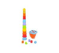 Coffret Jeux d'eveil Girafe bebe : 10 gobelets gigognes + 5 formes + seau trieur - Jouet a trier et a empiler - Premier age
