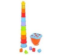 Coffret jeux d'eveil girafe bebe : 10 gobelets gigognes + 5 formes + seau trieur - jouet a trier et a empiler - premier age