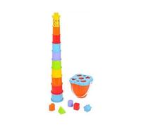 Coffret Jeux d'eveil Girafe bebe : 10 gobelets gigognes + 5 formes + seau trieur - Jouet a trier et a empiler - Premier age