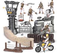 Coffret Jouet Base Militaire pour Enfants,Set de Figurines d’Action Armée avec Tour de Guet,Blockhaus,Moto de Combat,Chiens Militaires,Soldats et Accessoires d’Armes
