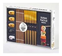 Coffret Sushi Lucky Cat - Avec 1 Natte En Bambou, 5 Paires De Baguettes, 5 Repose-Baguettes Lucky Cat En Céramique, 1 Livre De Recettes Pour Sushis Faciles