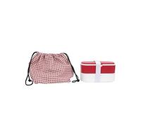 Coffret lunch box à double compartiment en plastique rose et blanc avec couverts et pochon - -