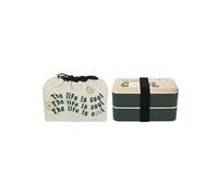 Coffret lunch box à double compartiment vert avec couverts, bouteille isotherme et pochon -