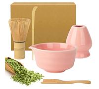Coffret Matcha Rose, Bol à Matcha avec Bec Verseur, Support pour Fouet et Cuillère en Céramique, Coffret Matcha 5 Pièces, Conçu pour les Amateurs de Matcha