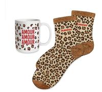 COFFRET MUG CHAUSSETTES PAILLETTES LÉOPARD AMOUR Or / Marron Chocolat