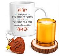 Coffret Mug Un Papi aussi génial c'est difficile à trouver très difficile à quitter carrément impossible à oublier | Mug Céramique 330 ml, Bougie en Verre, Dessous de Verre Bois, Porte-Clés Cœur
