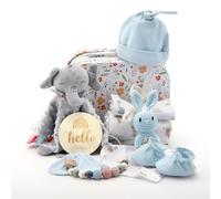 Coffret Naissance, 11 en 1 Cadeau Bebe Naissance avec Jouet Doudou Bébé Hochet Attache-sucette Couverture Bavoir Étapes Chaussettes Gants pour Garçons et Filles (Éléphant Gris)