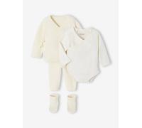 Coffret naissance 4 pièces en tricot uni gilet + pantalon + chaussons + body écru 12M(74CM)